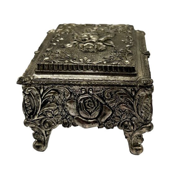 Vintage Silver Plated Blue Velvet Trinket Footed Music Box Roses Made In Japan - Picture 8 of 16